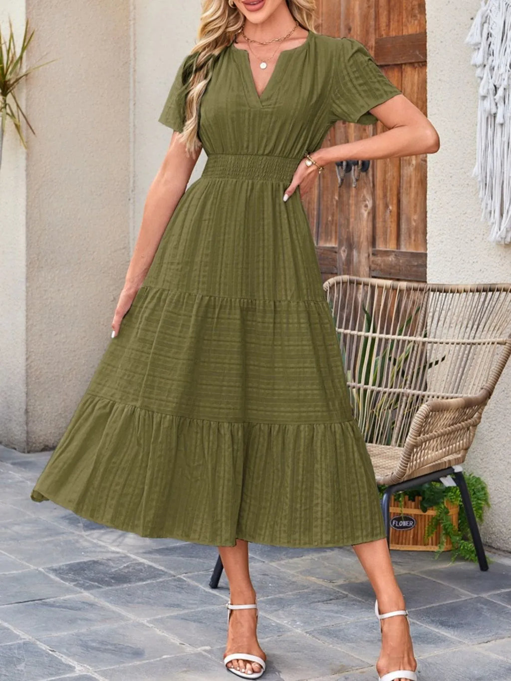 Tiered Notched Short Sleeve Dress - Blushé Belle