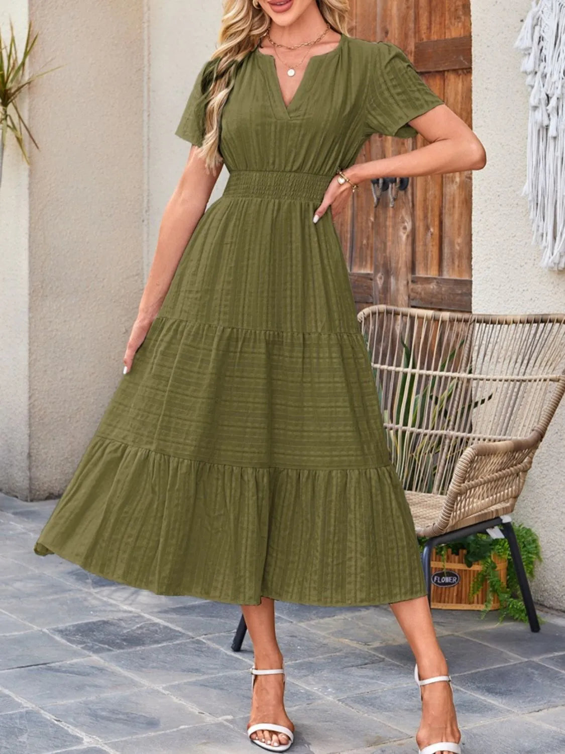 Tiered Notched Short Sleeve Dress - Blushé Belle