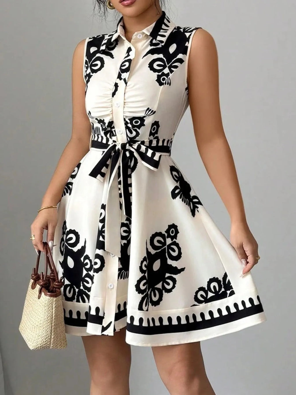 Printed Sleeveless Tie Waist Mini Dress - Blushé Belle