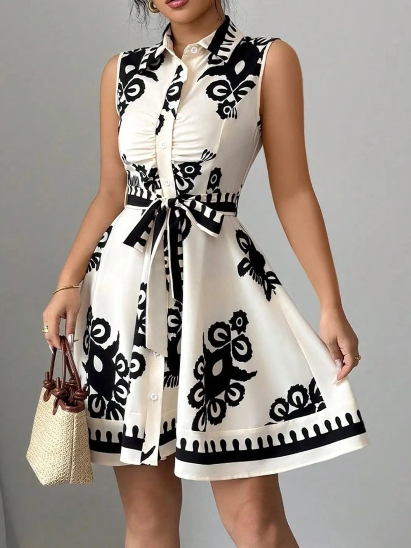 Printed Sleeveless Tie Waist Mini Dress - Blushé Belle