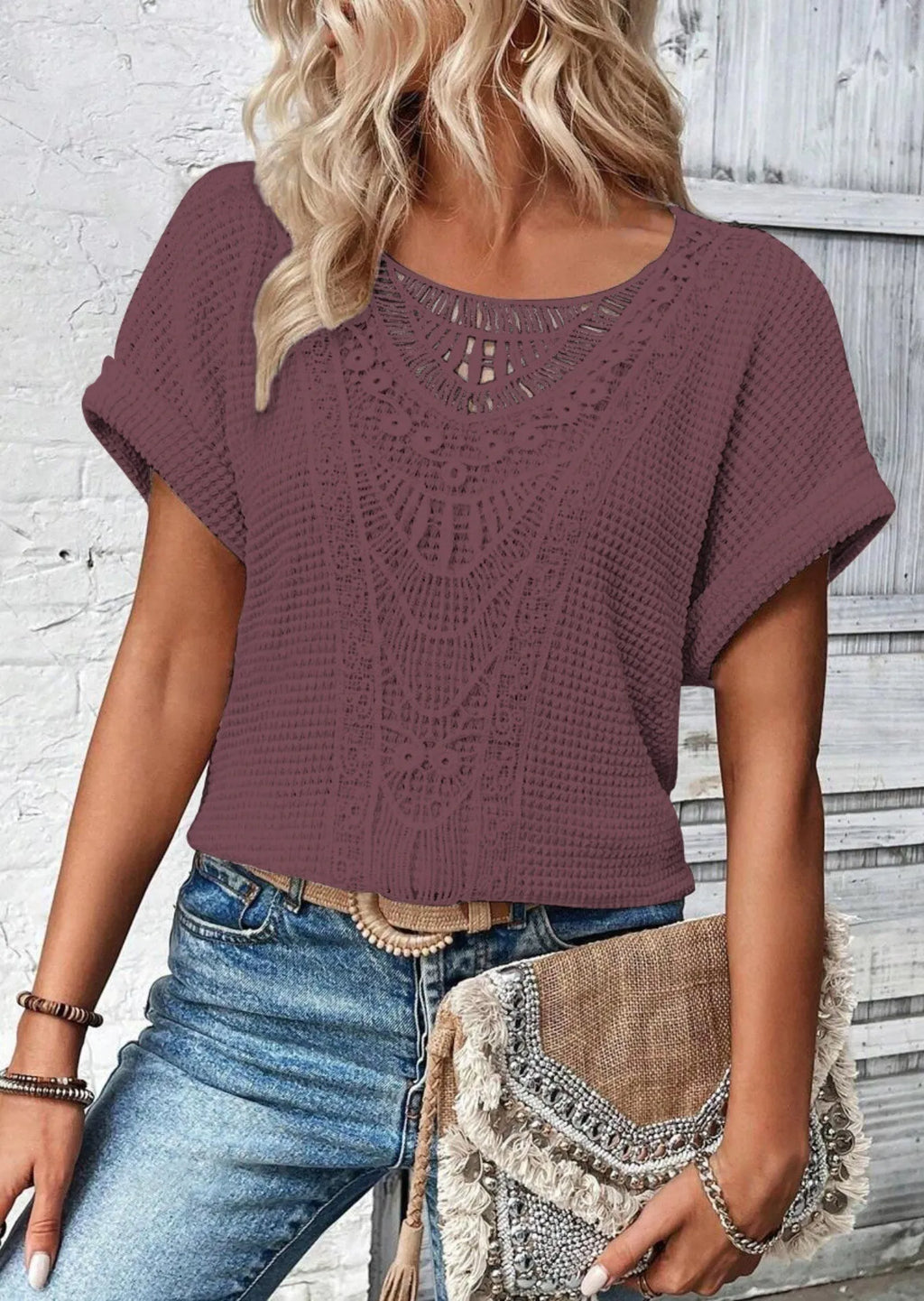 Crochet Lace Short Sleeve Casual T-Shirt - Blushé Belle