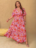 Plus Size Slit Floral V-Neck Half Sleeve Maxi Dress - Blushé Belle