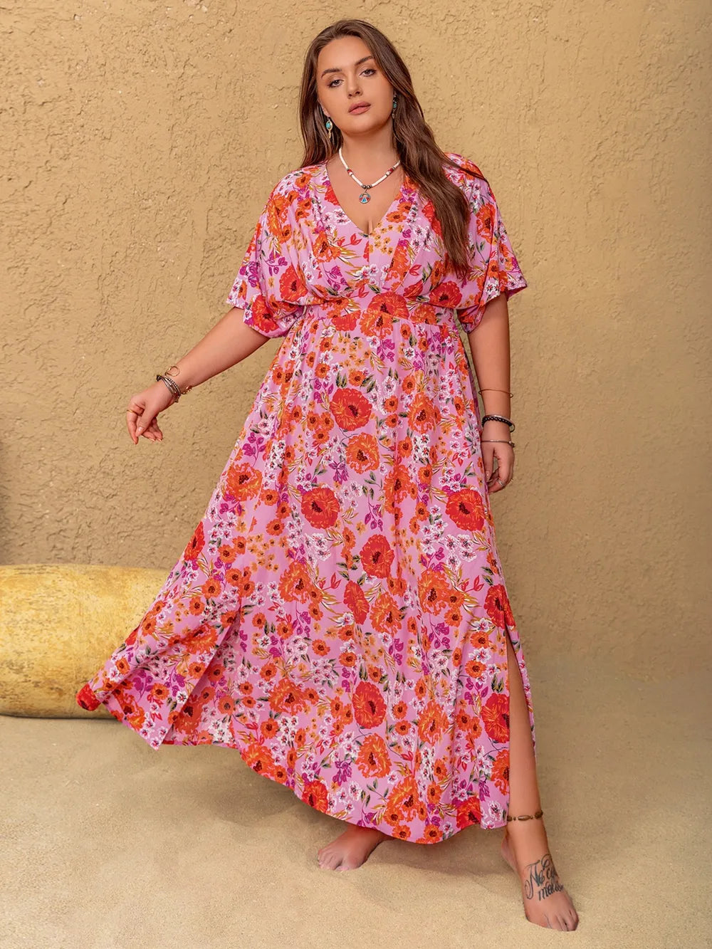 Plus Size Slit Floral V-Neck Half Sleeve Maxi Dress - Blushé Belle