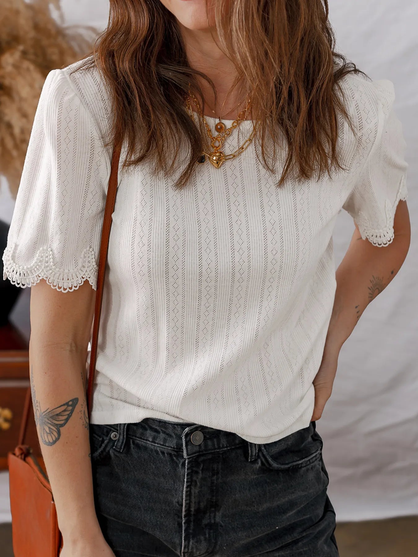 Scalloped Lace Trim Jacquard Textured T Shirt - Blushé Belle