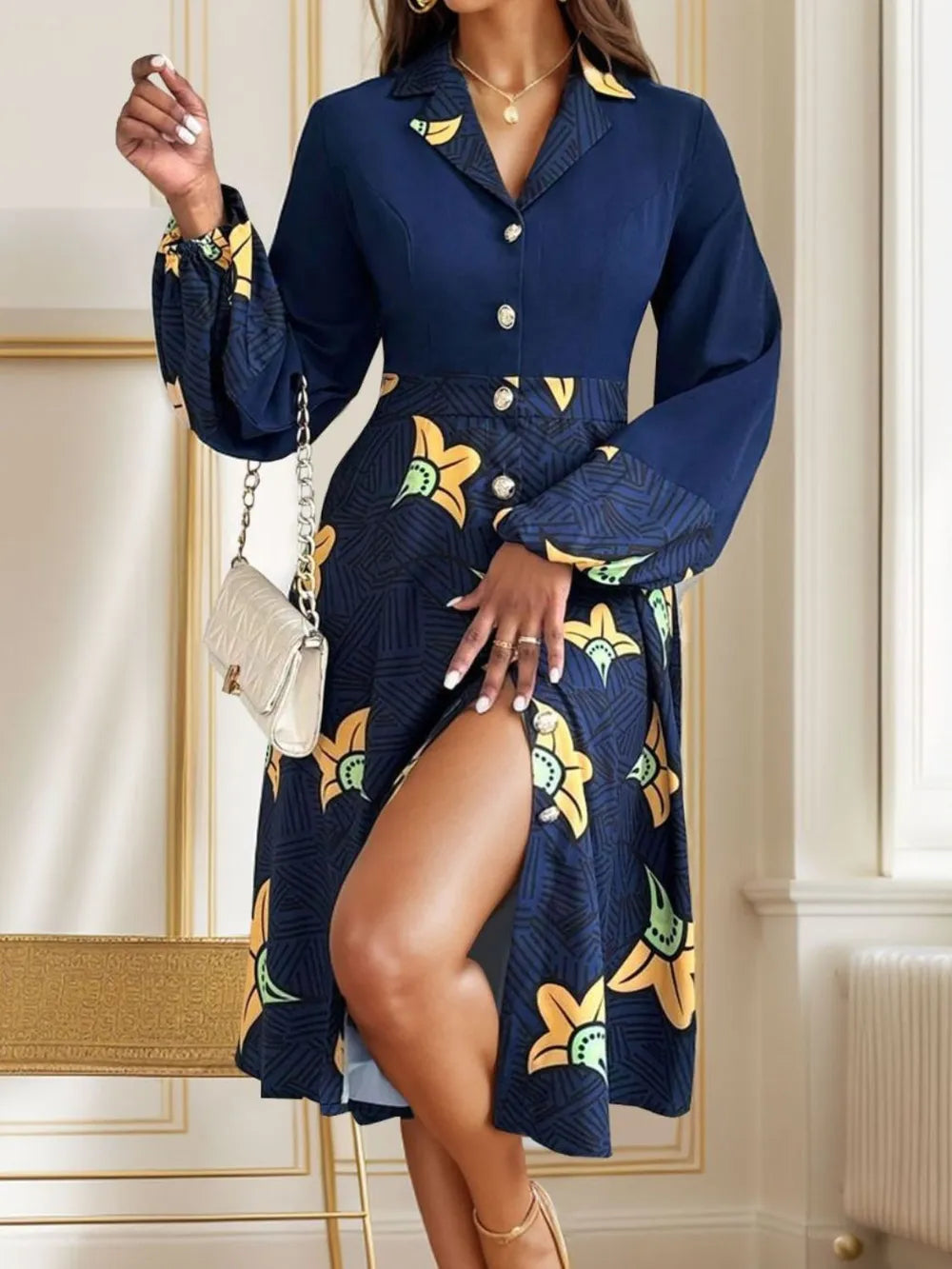 Perfee Printed Collared Neck Long Sleeve Dress - Blushé Belle