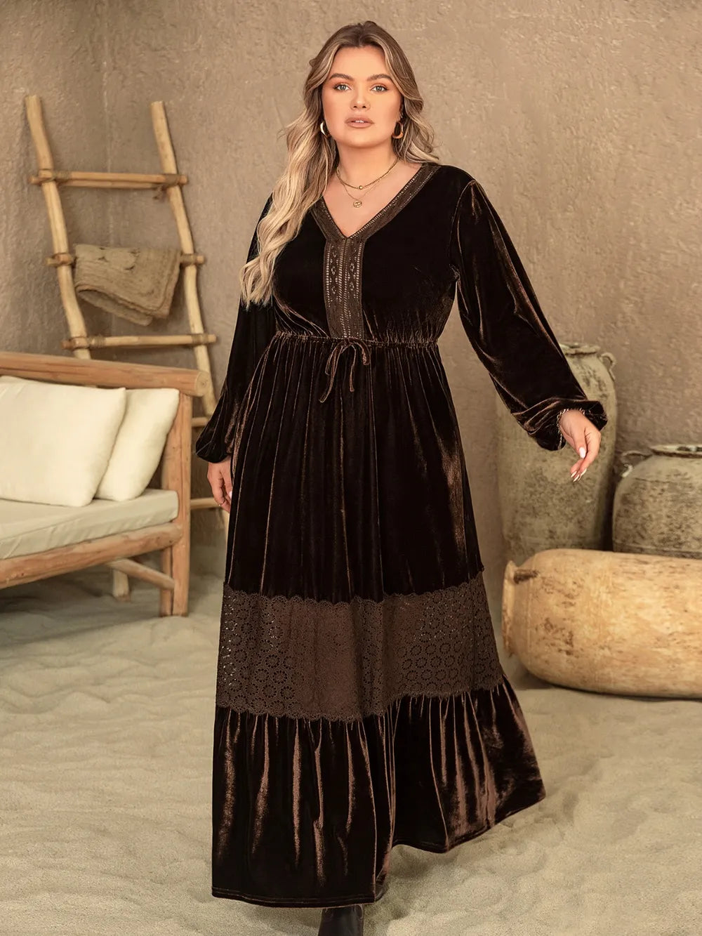 Plus Size V-Neck Balloon Sleeve Maxi Dress - Blushé Belle