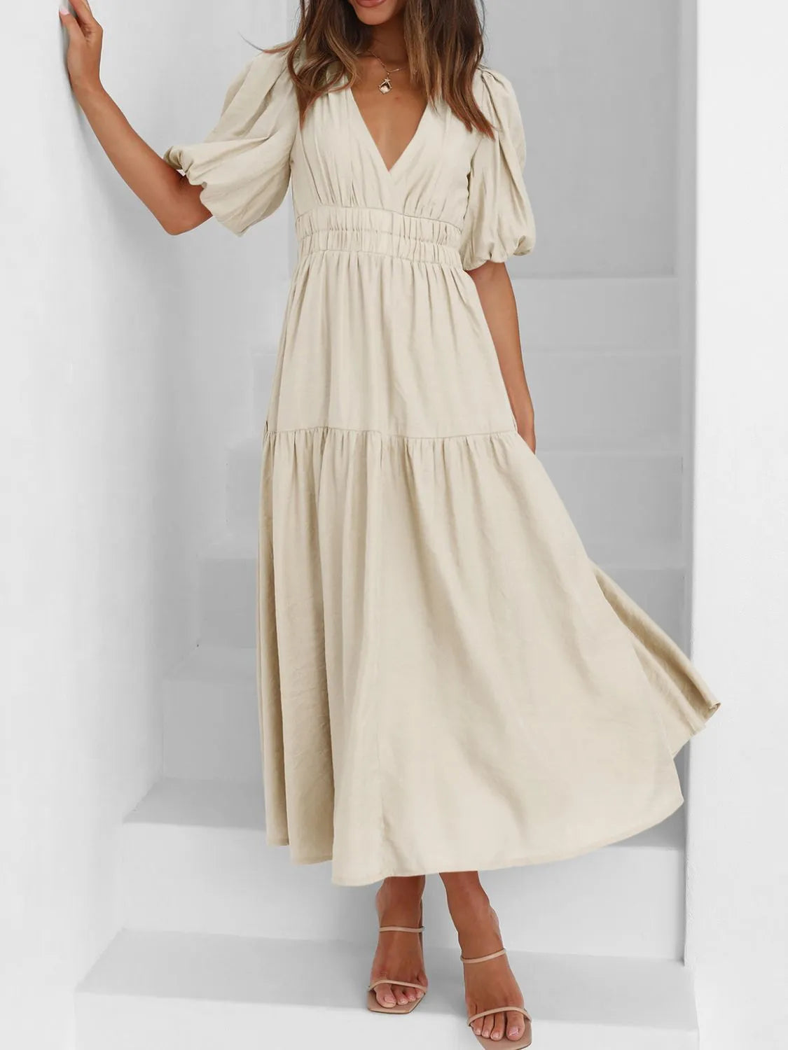 V-Neck Puff Sleeve Midi Dress - Blushé Belle