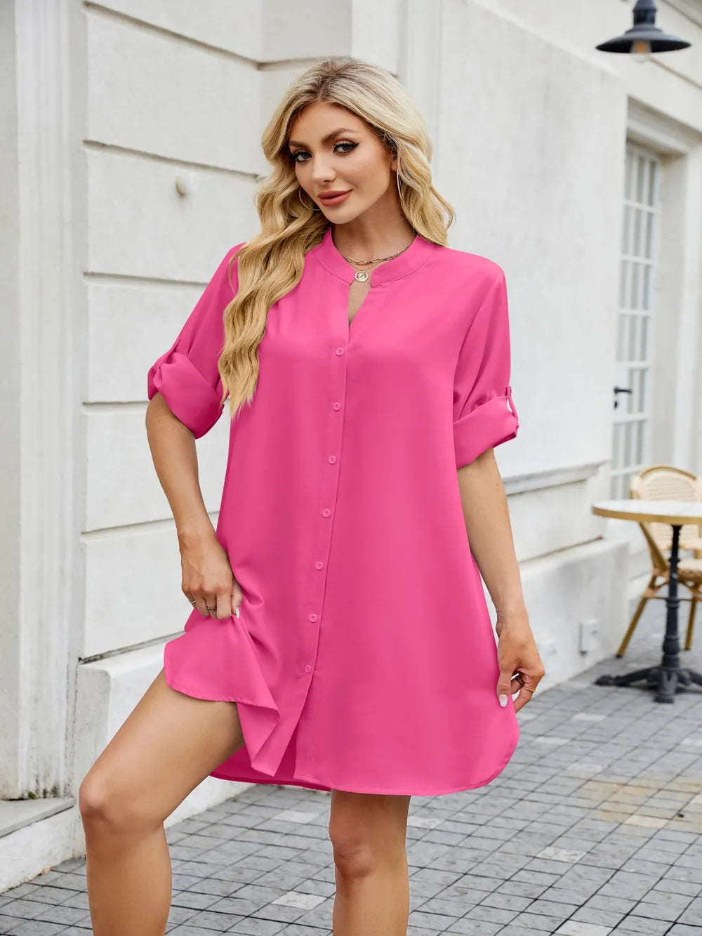 Notched Long Sleeve Mini Shirt Dress - Blushé Belle
