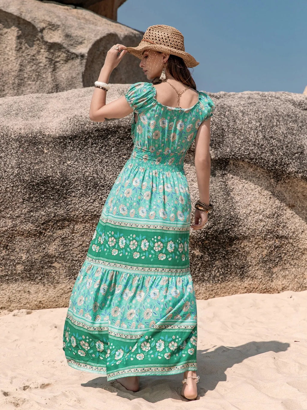 Smocked Printed V-Neck Dress - Blushé Belle