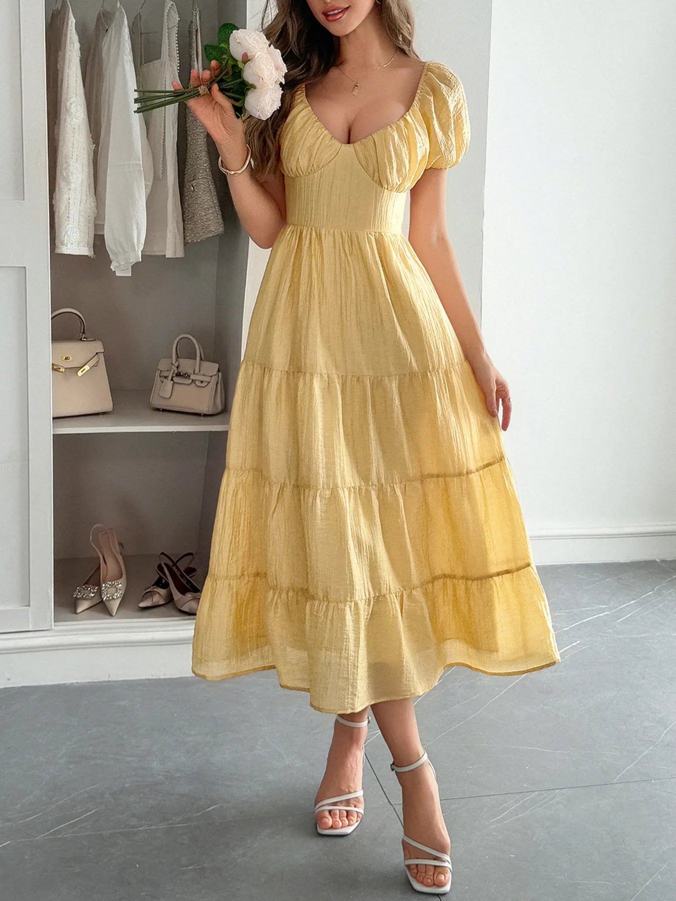 V-Neck Short Sleeve Midi Dress - Blushé Belle