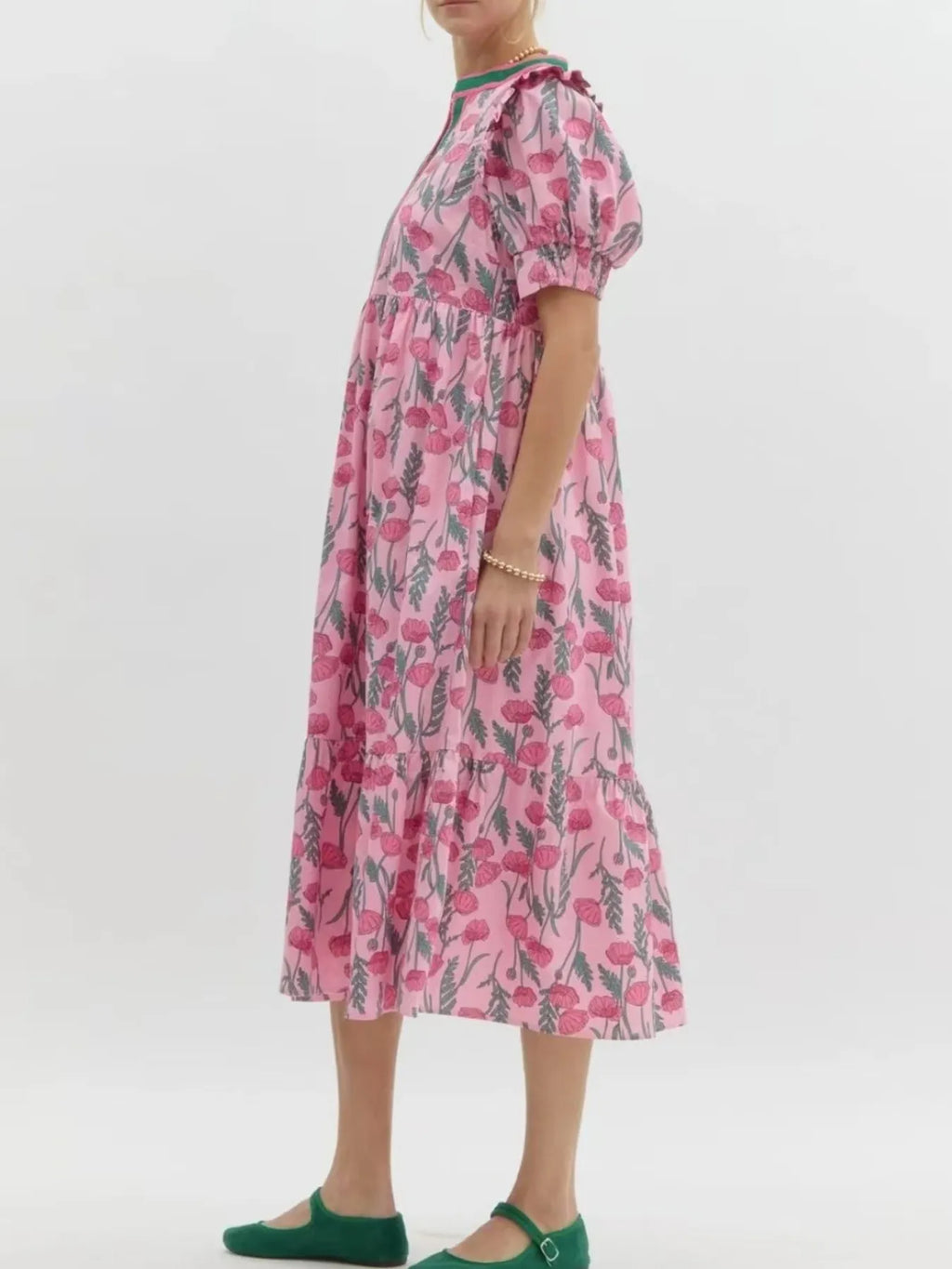 Floral Puff Sleeve Midi Dress with Contrast Trim - Blushé Belle