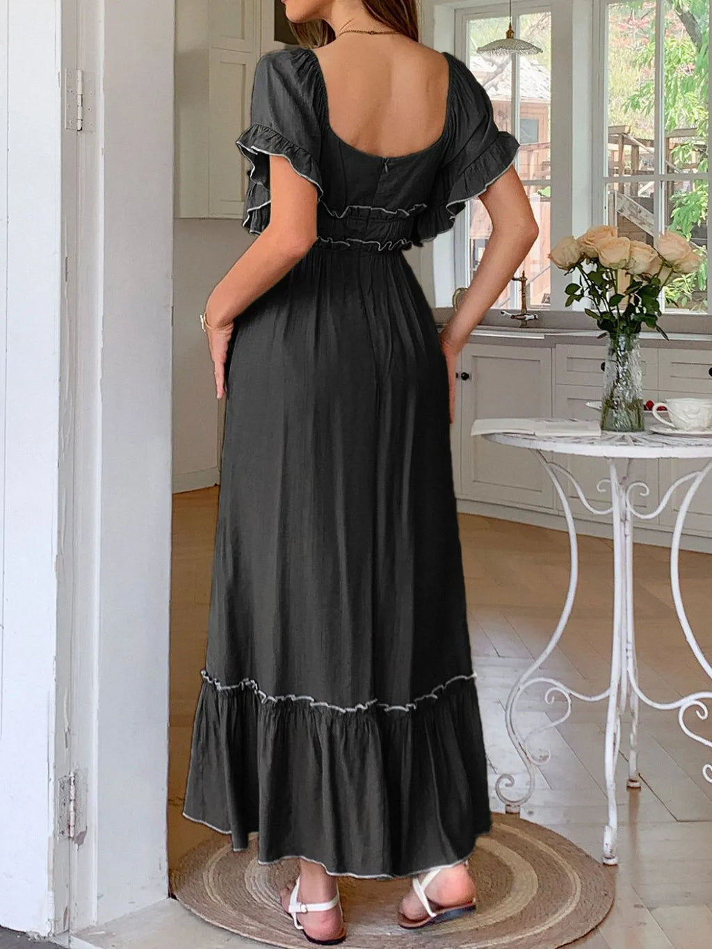Square Neck Puff Sleeve Ruffle Trim Maxi Dress - Blushé Belle