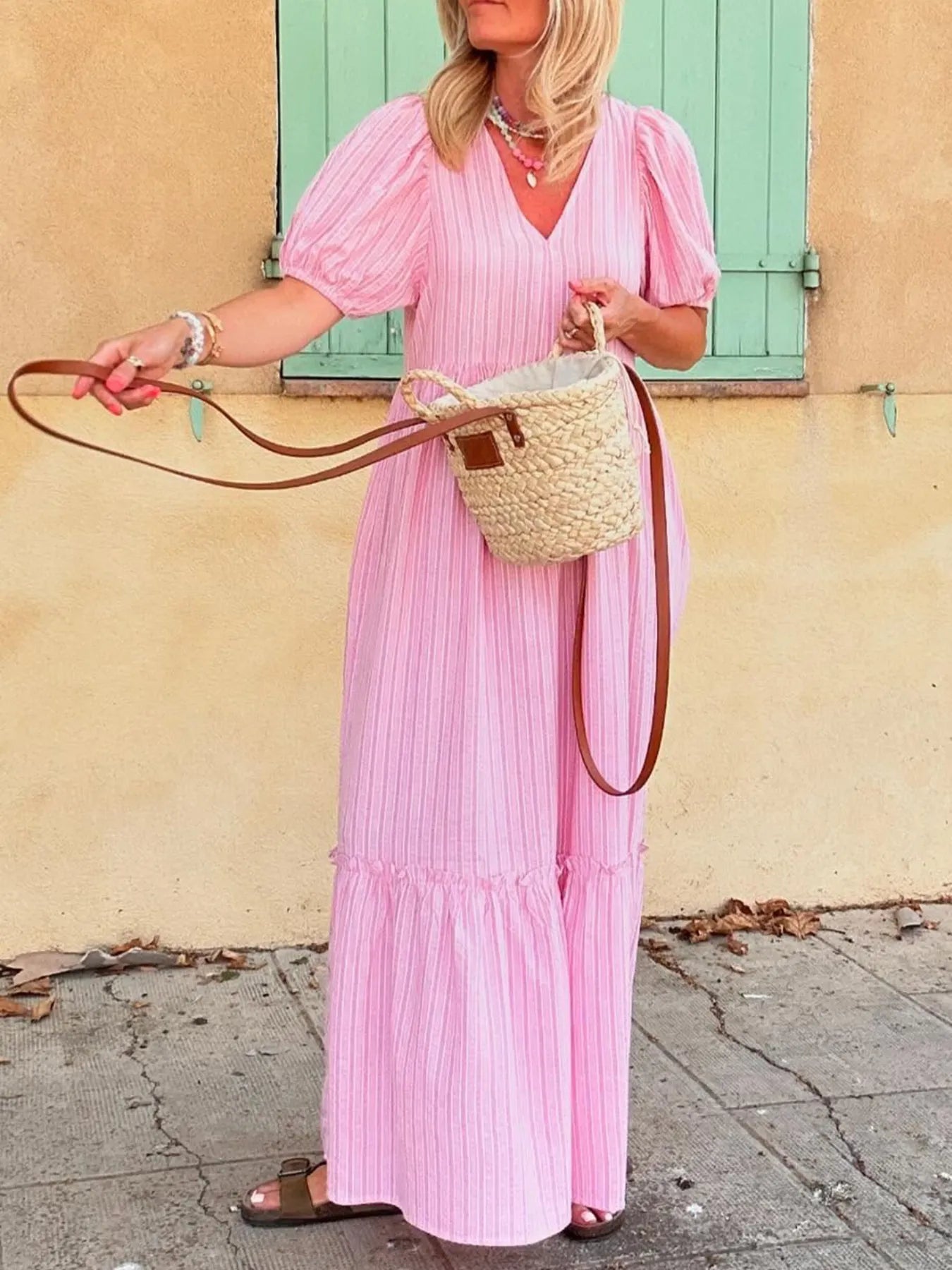 Striped Puff Sleeve V-Neck Maxi Dress - Blushé Belle