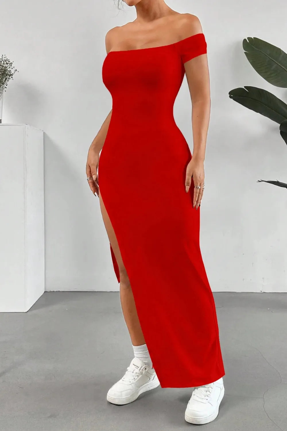 Off Shoulder Slit Maxi Dress - Blushé Belle