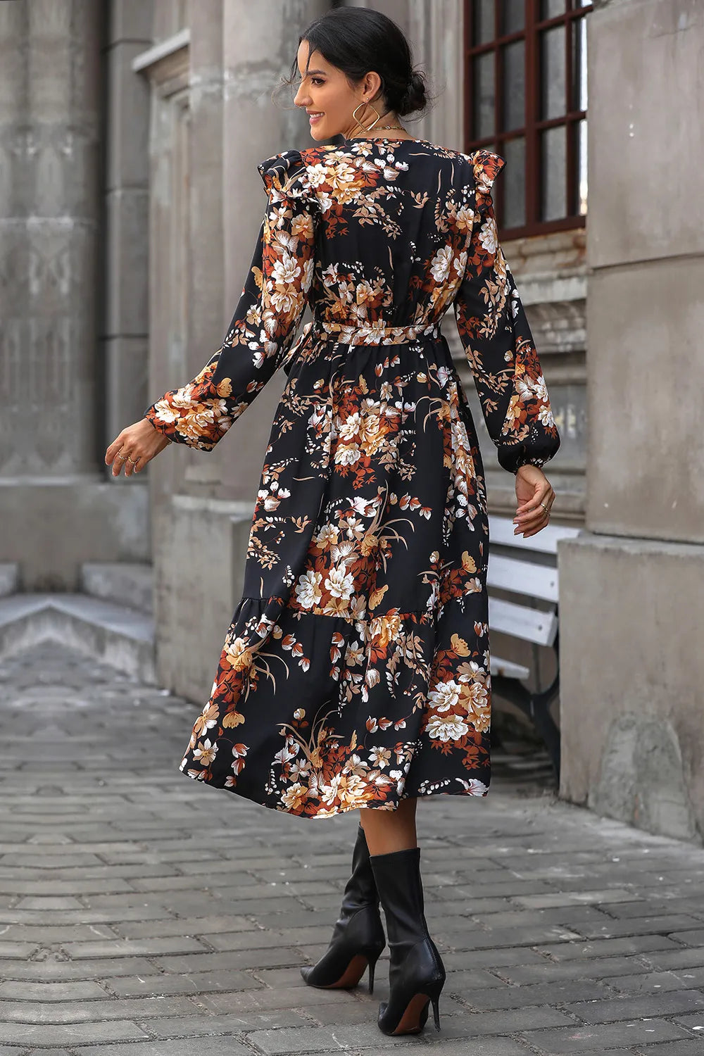 Perfee Floral Surplice Tie Front Ruffle Hem Midi Dress - Blushé Belle
