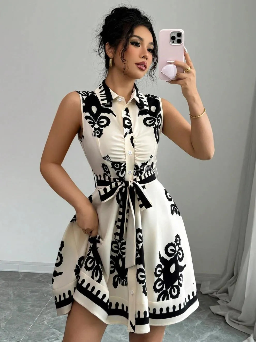 Printed Sleeveless Button Front Dress - Blushé Belle