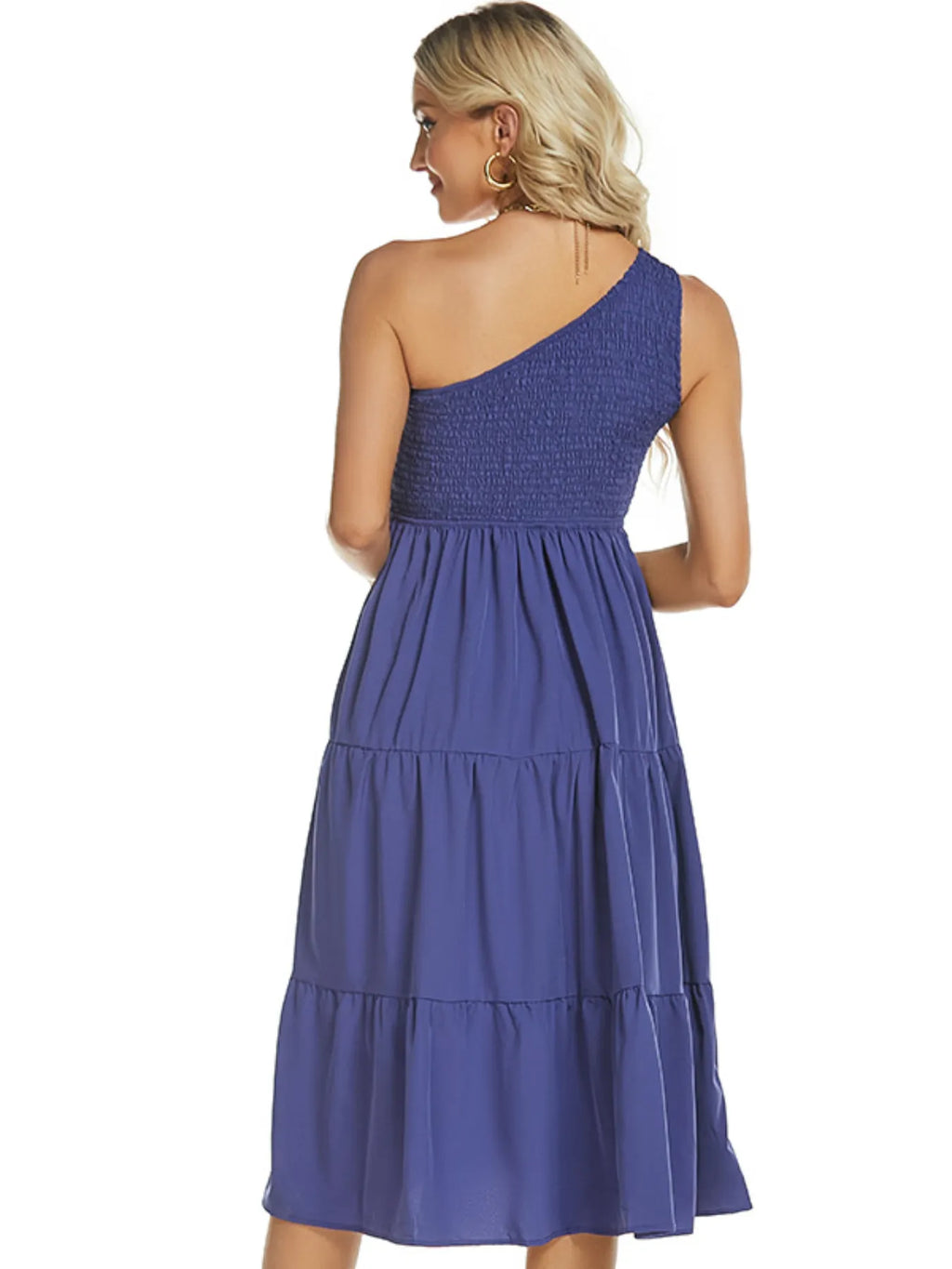 One-Shoulder Tiered Midi Dress with Smocked Bodice - Blushé Belle