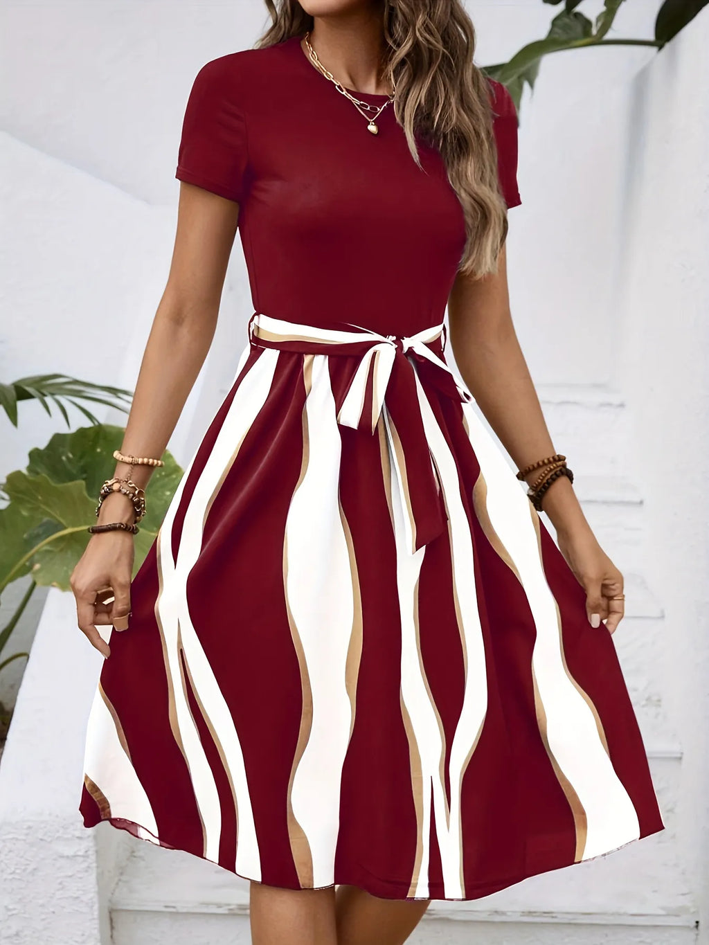 Striped Short Sleeve Tie Waist Dress - Blushé Belle