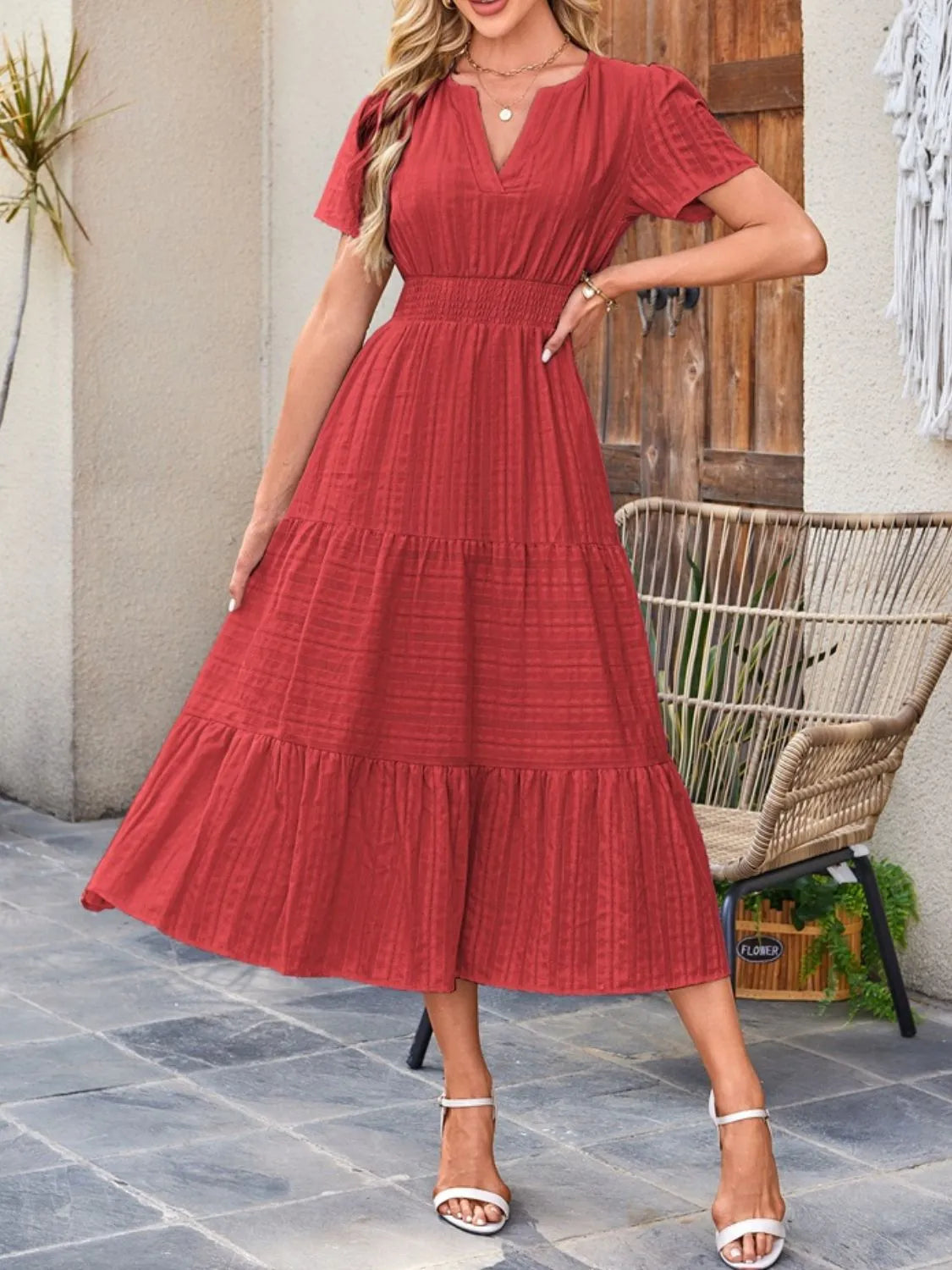 Tiered Notched Short Sleeve Dress - Blushé Belle