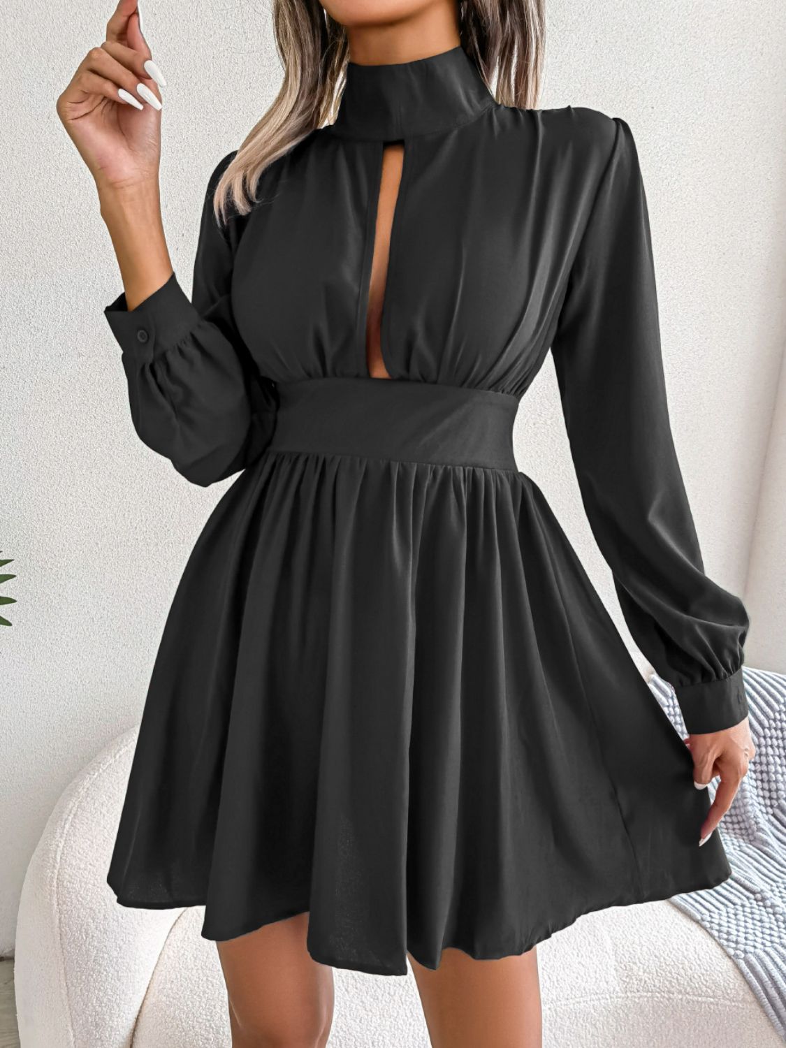 Cutout Turtleneck A-Line Mini Dress - Blushé Belle