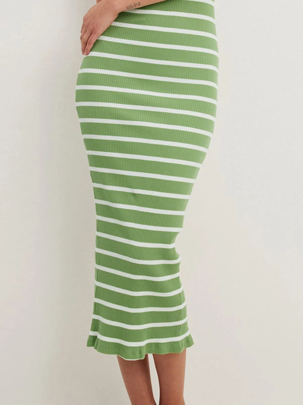 Slit Back Striped Strapless Bodycon Midi Dress - Blushé Belle