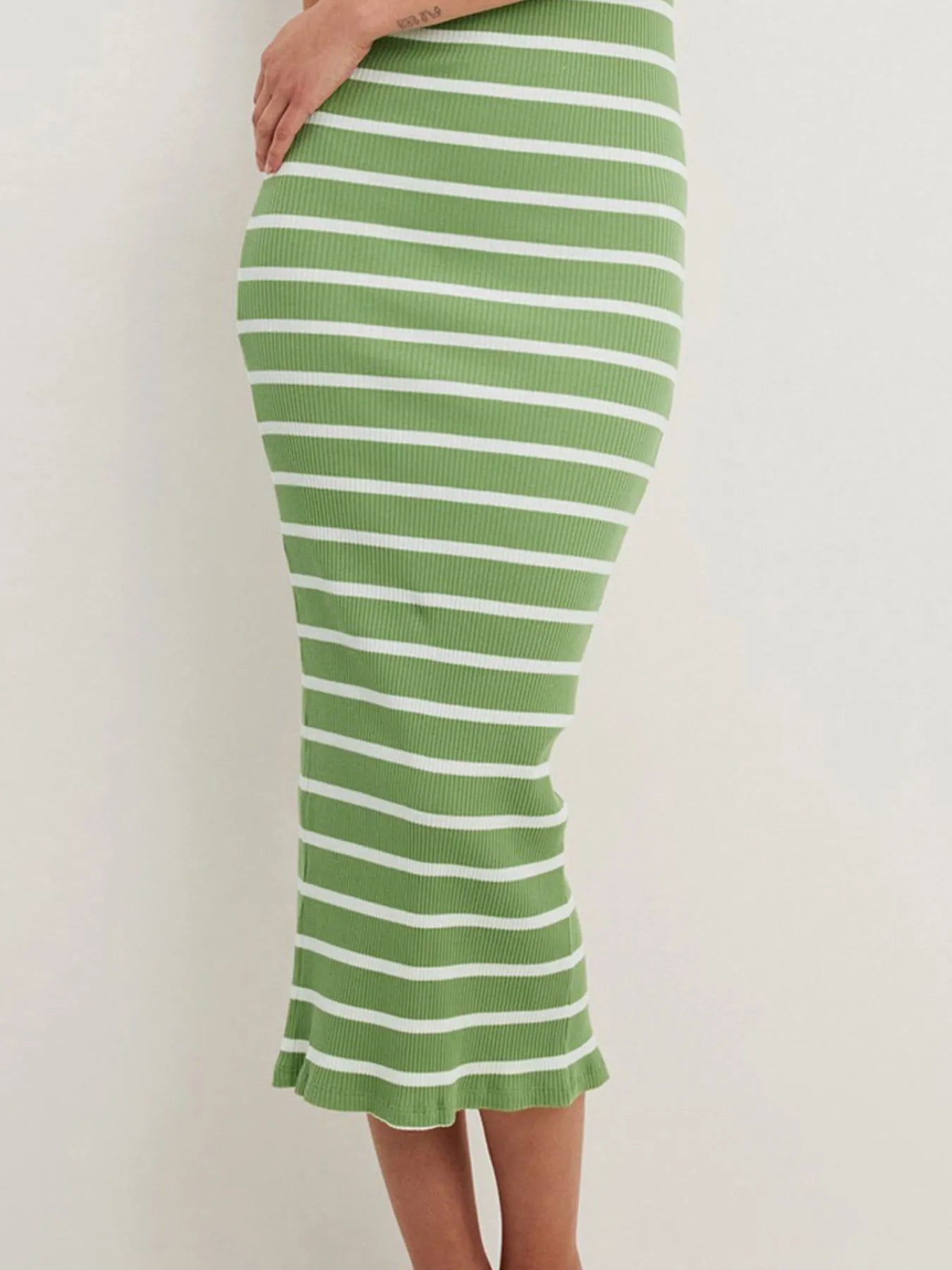 Slit Back Striped Strapless Bodycon Midi Dress - Blushé Belle