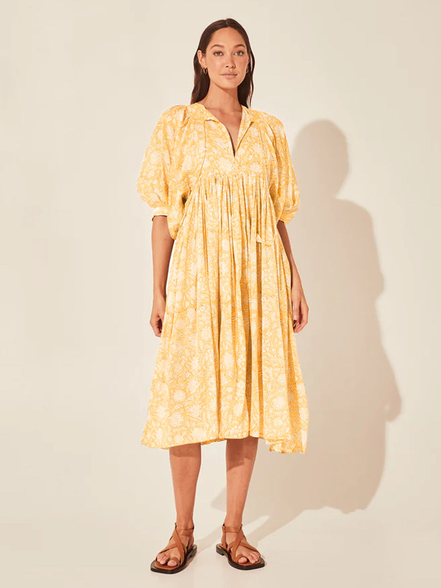 Floral Tie Neck Lantern Sleeve Dress - Blushé Belle