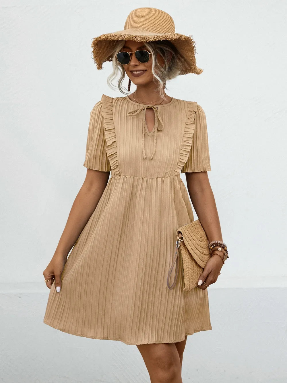 Tie Neck Short Sleeve Mini Dress - Blushé Belle