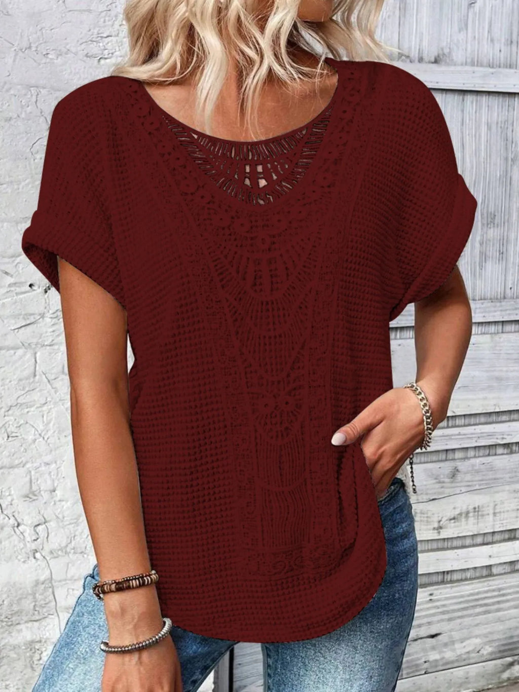 Crochet Lace Short Sleeve Casual T-Shirt - Blushé Belle