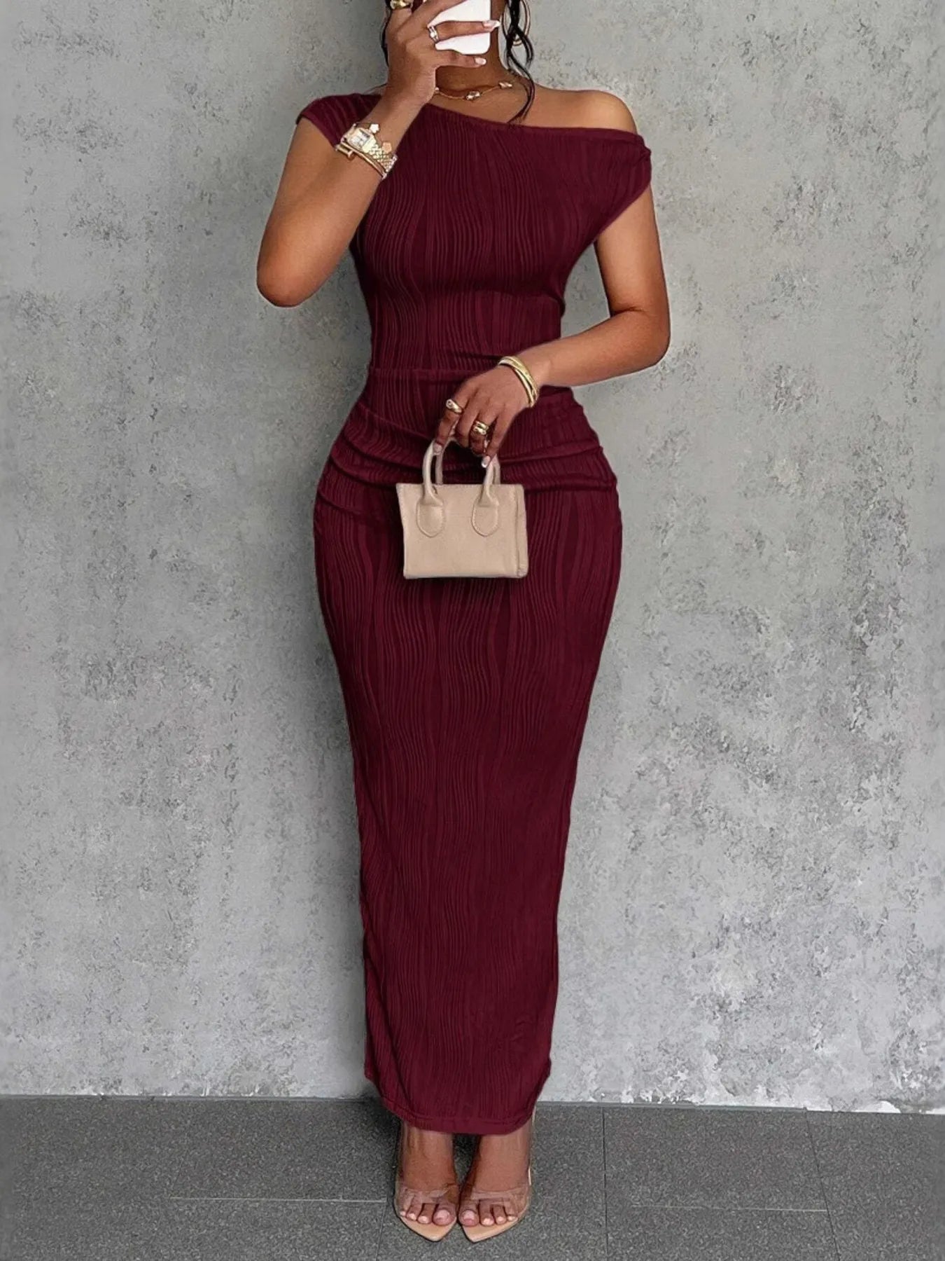 Textured Single Shoulder Bodycon Maxi Dress - Blushé Belle
