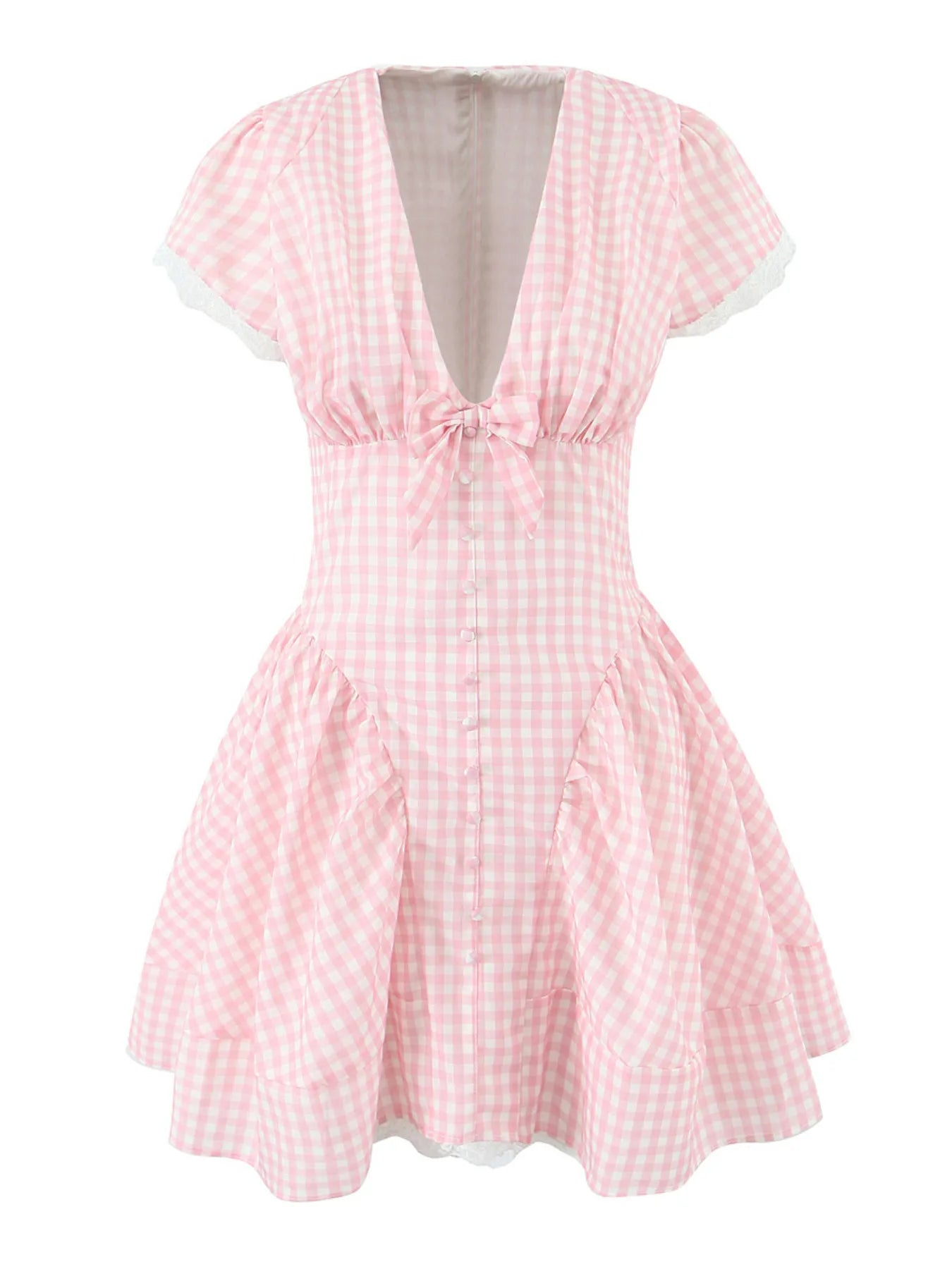 Gingham Ruffle Mini Dress with Lace Trim - Blushé Belle