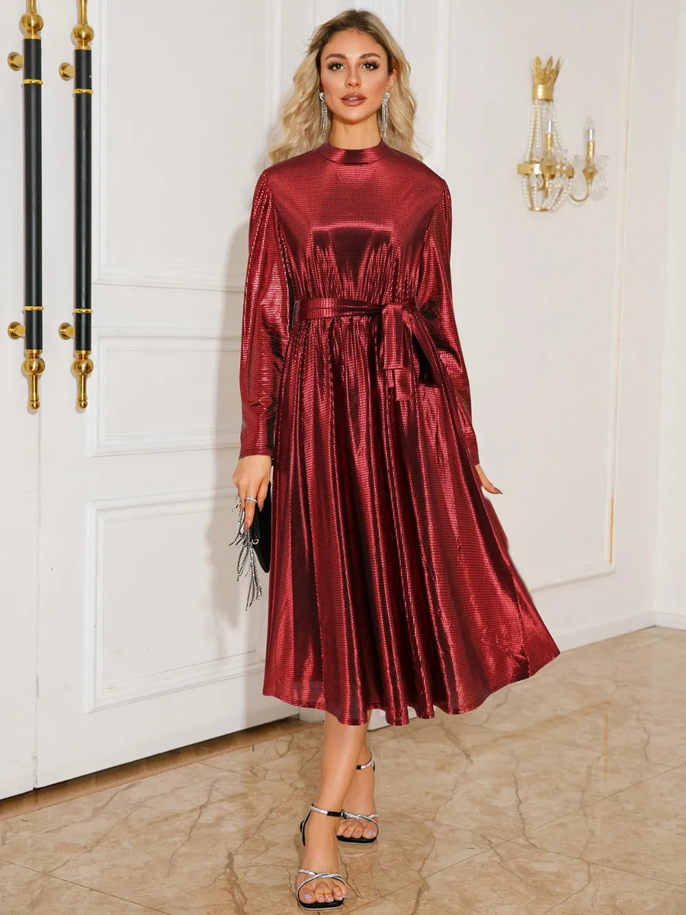 Tie Waist Long Sleeve Midi Dress - Blushé Belle