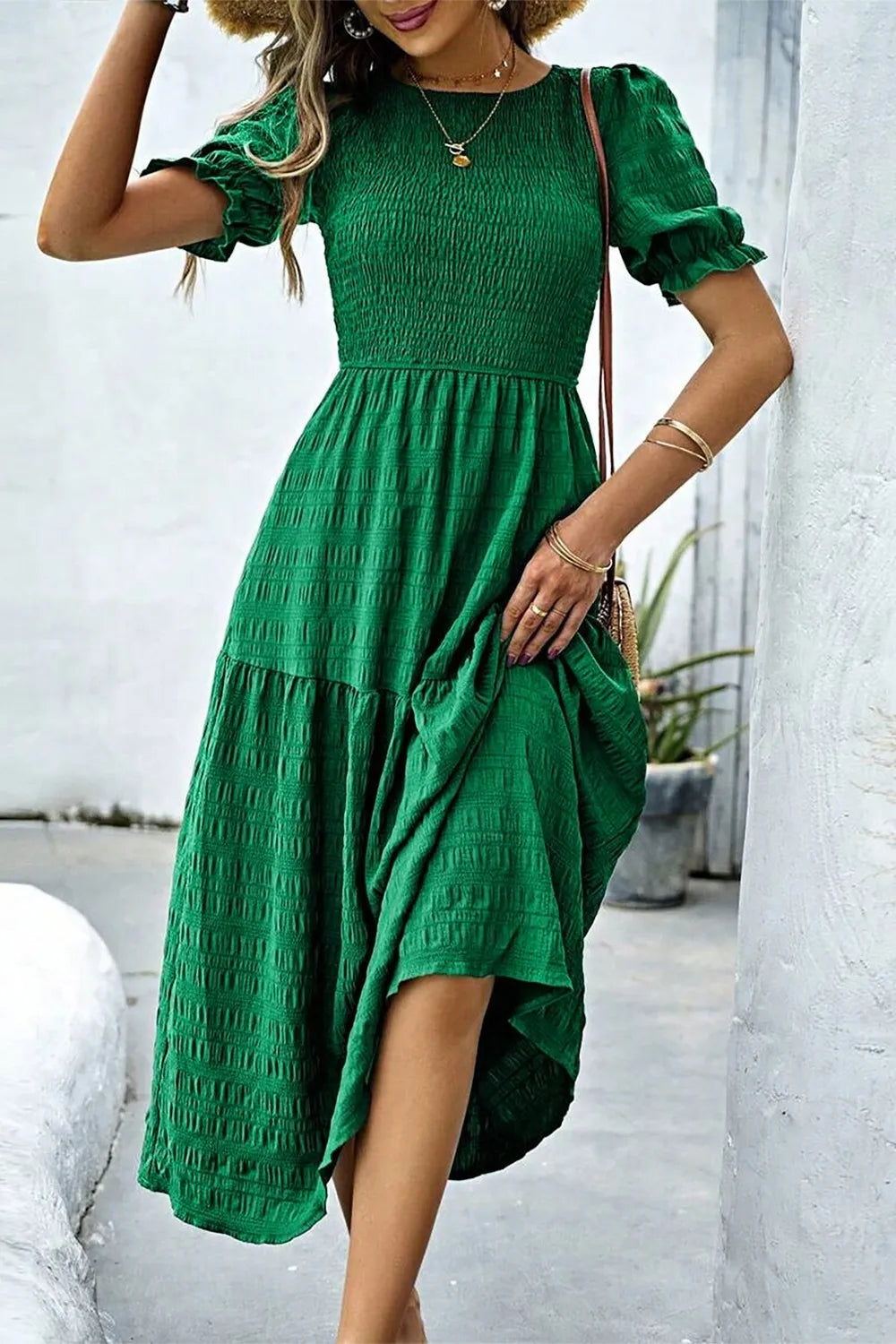 Smocked Puff Sleeve Midi Dress - Blushé Belle