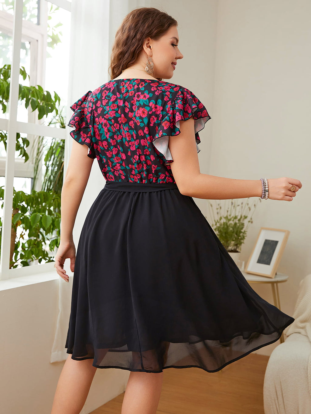 Honey Plus Size Floral Surplice Neck Flutter Sleeve Dress - Blushé Belle