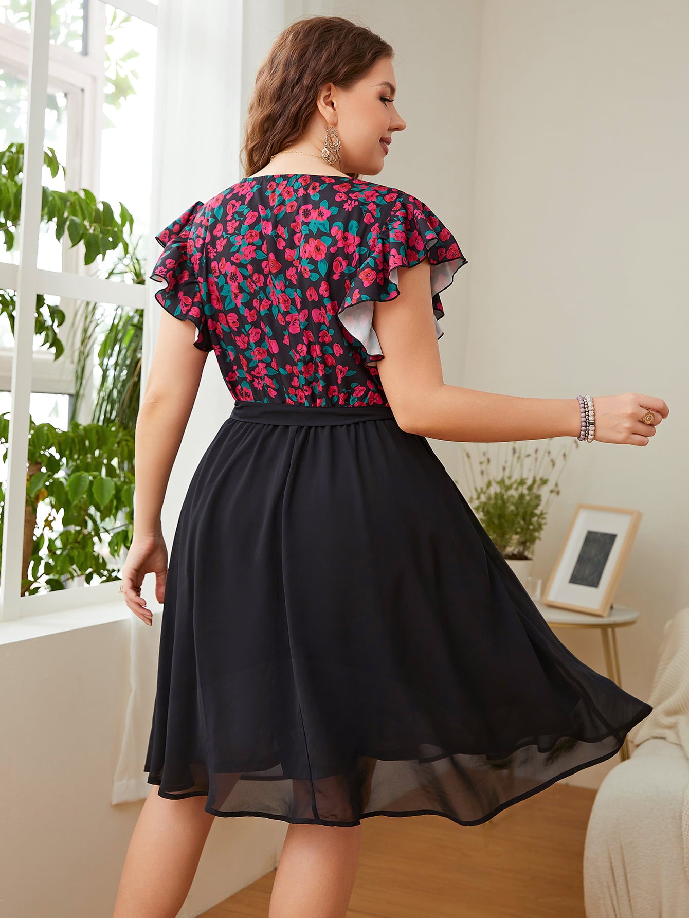 Honey Plus Size Floral Surplice Neck Flutter Sleeve Dress - Blushé Belle