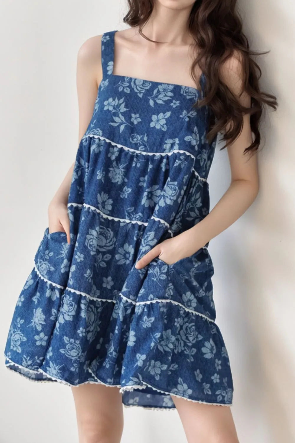Floral Tiered Square Neck Denim Dress - Blushé Belle