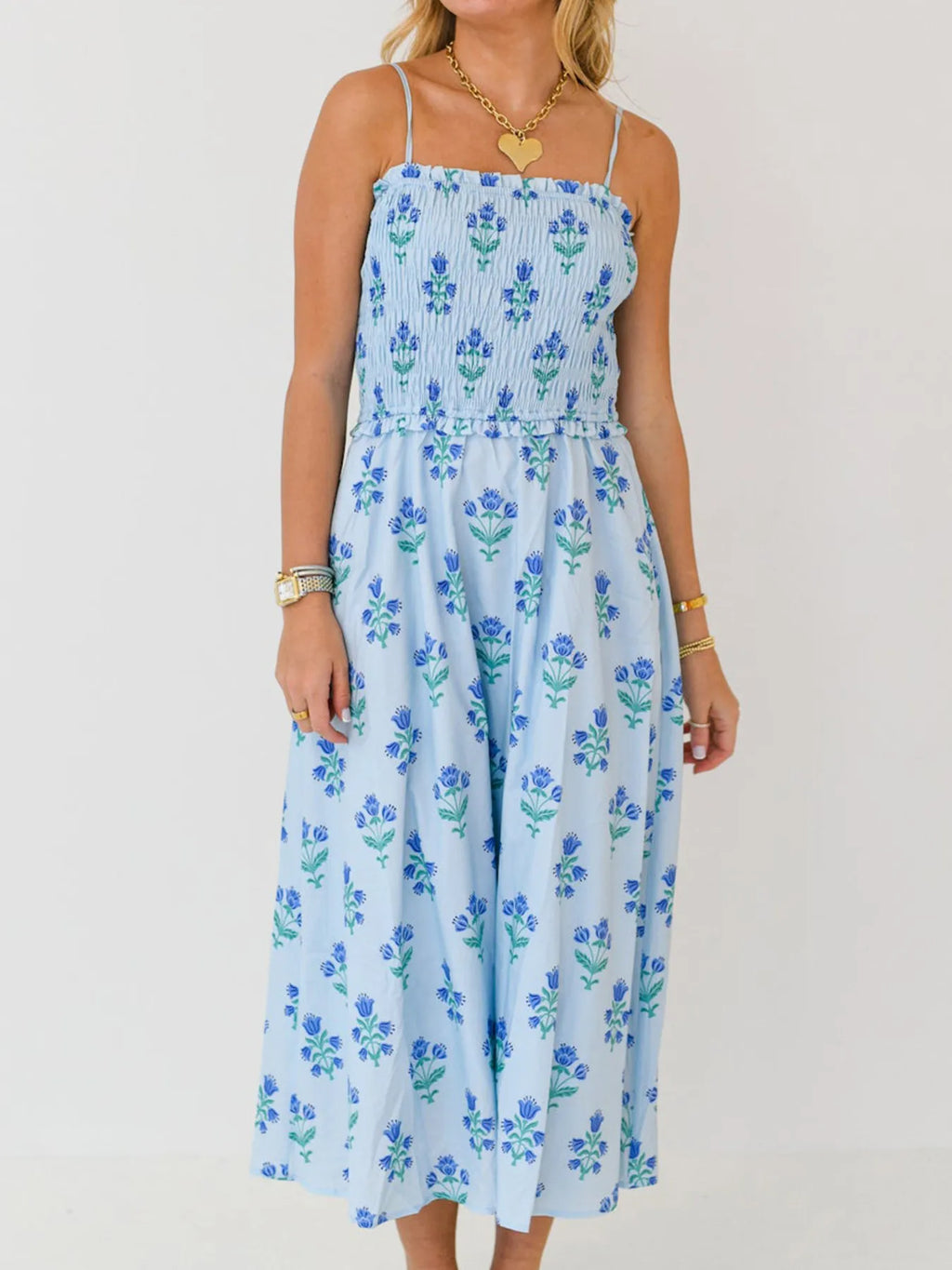 Floral Smocked Adjustable Strap Midi Cami Dress - Blushé Belle