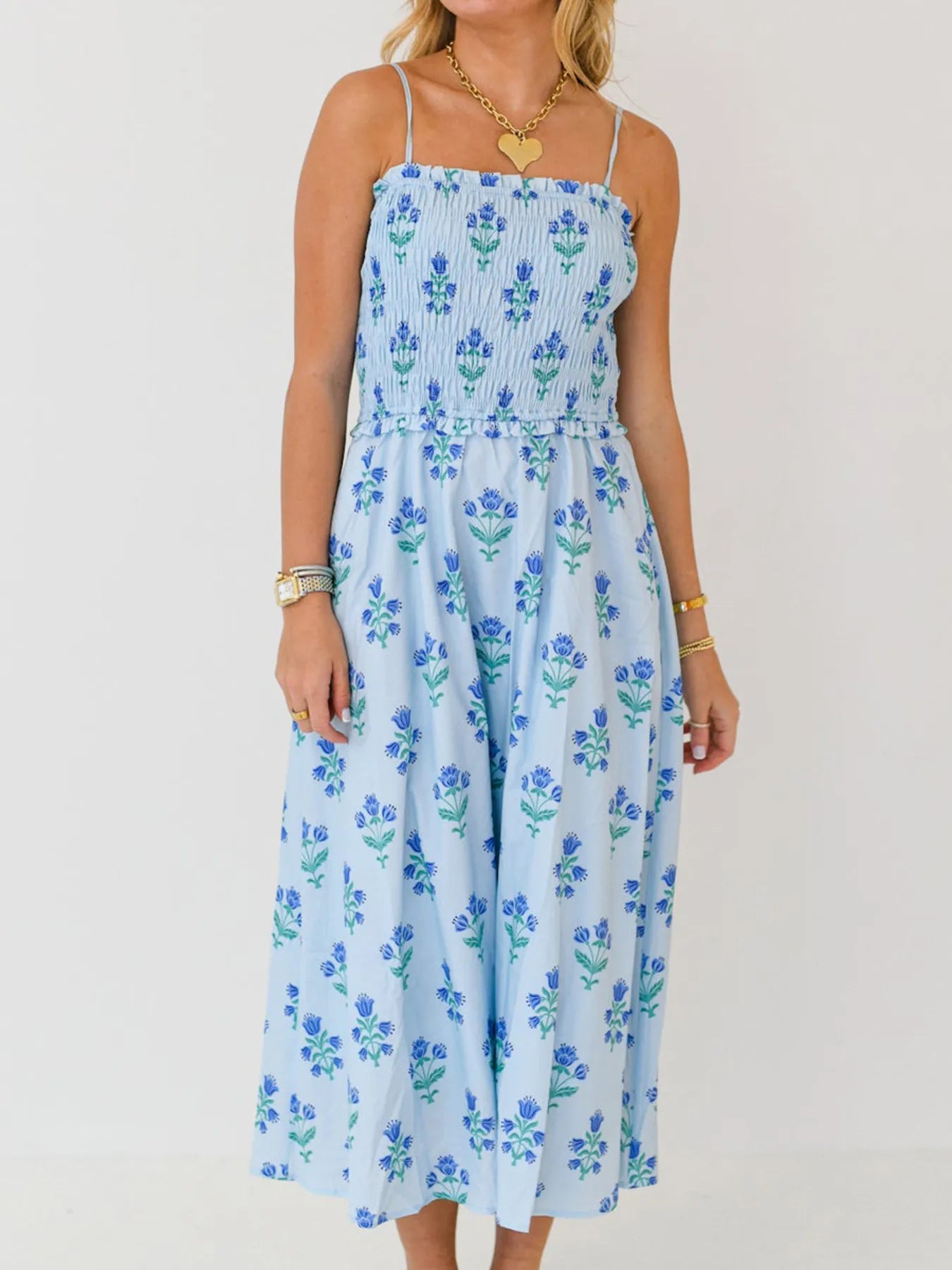 Floral Smocked Adjustable Strap Midi Cami Dress - Blushé Belle