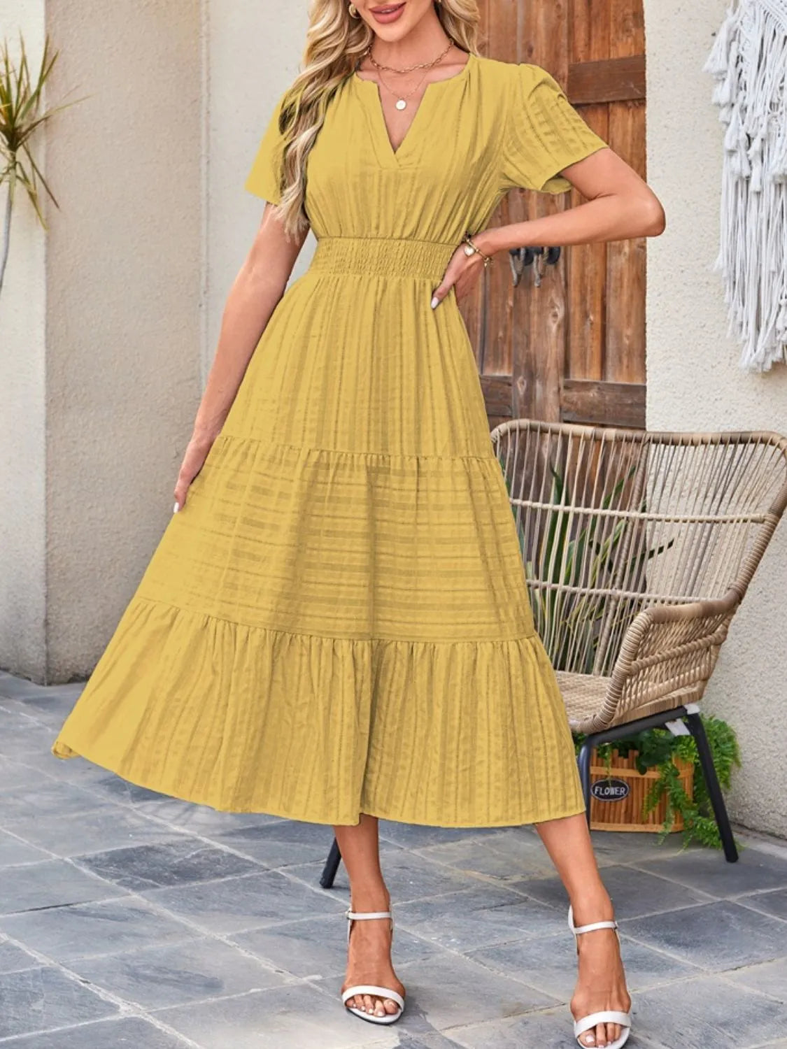 Tiered Notched Short Sleeve Dress - Blushé Belle