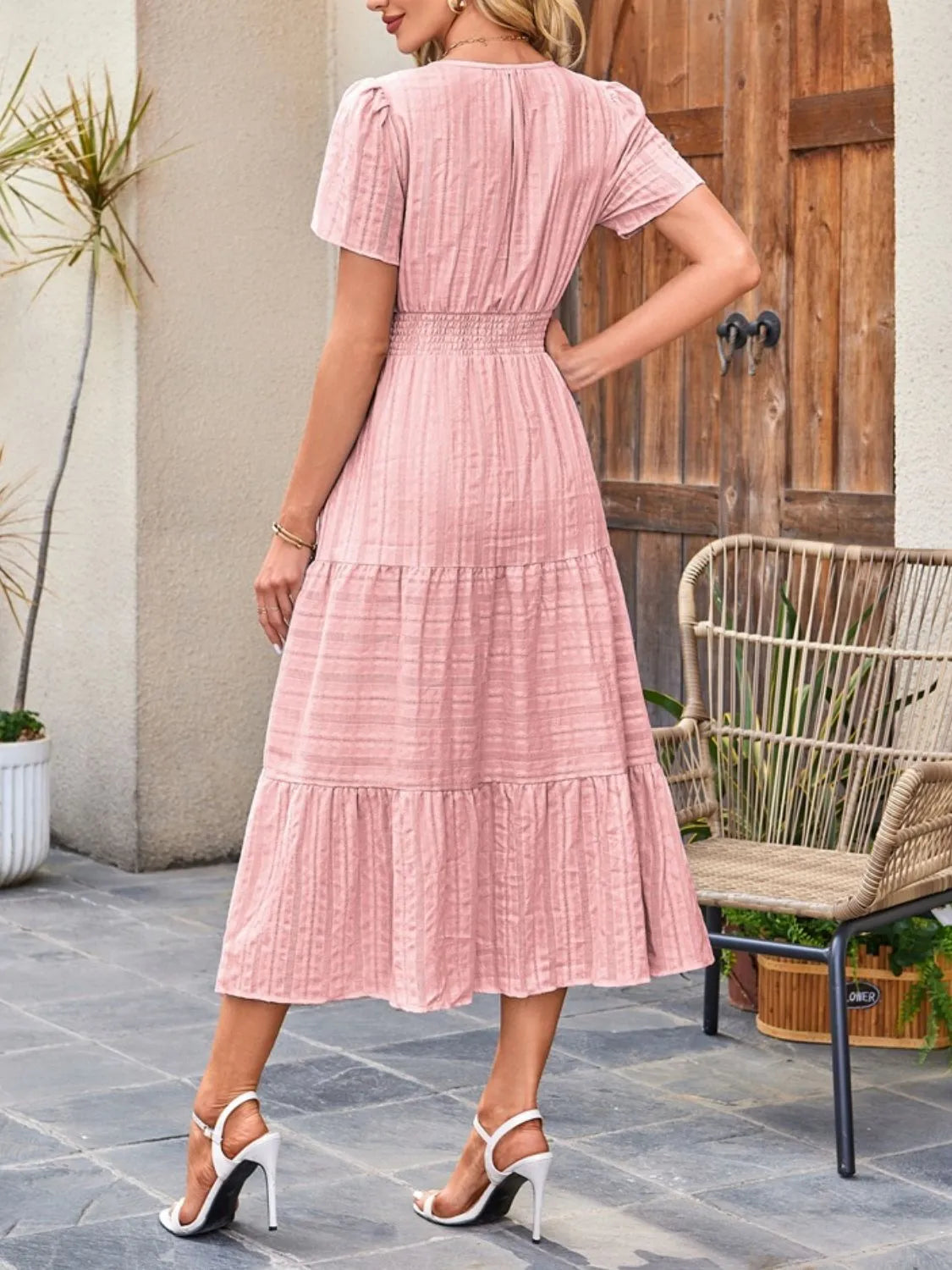 Tiered Notched Short Sleeve Dress - Blushé Belle
