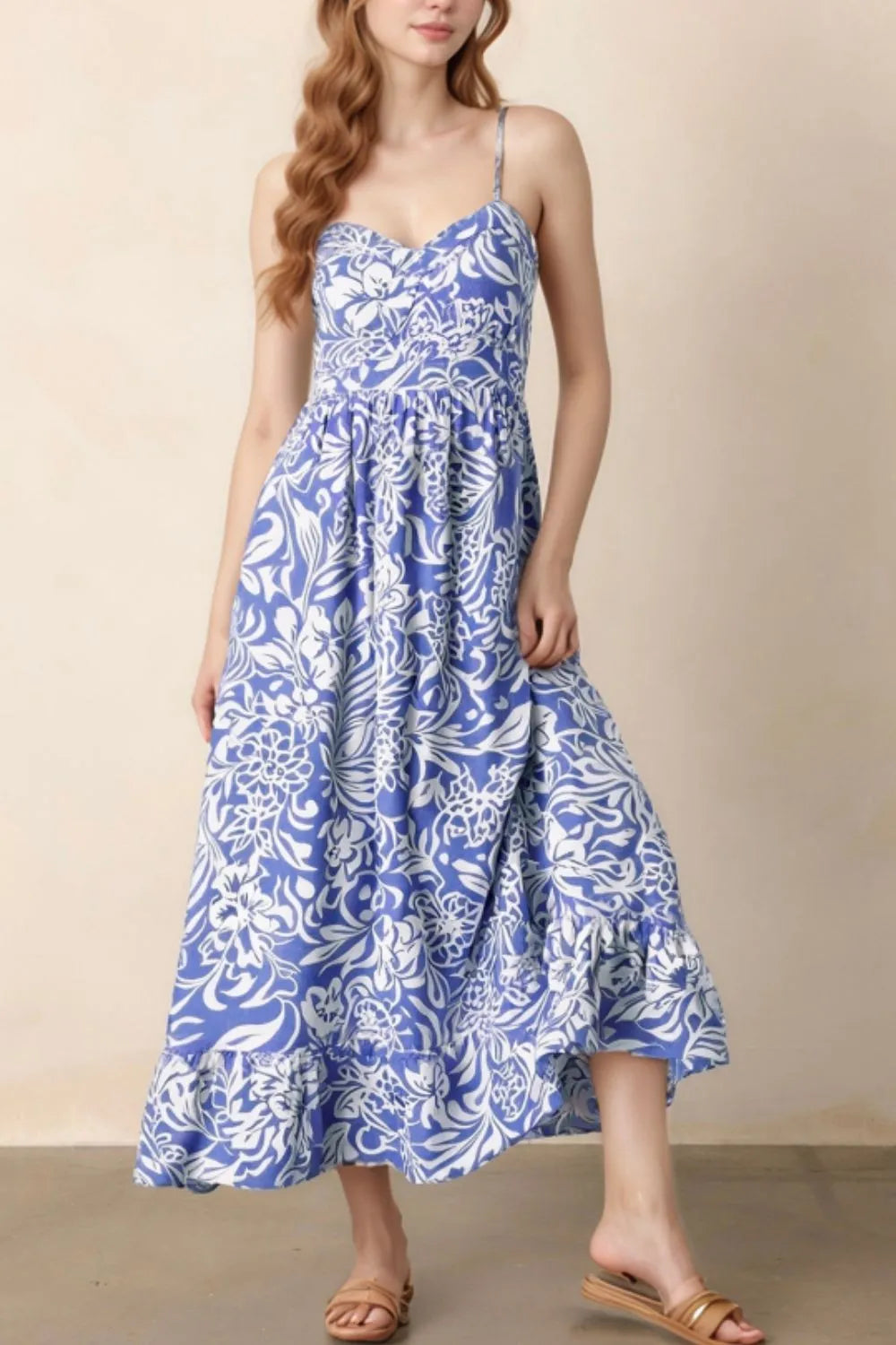 Floral Print Spaghetti Strap High Waist Dress - Blushé Belle