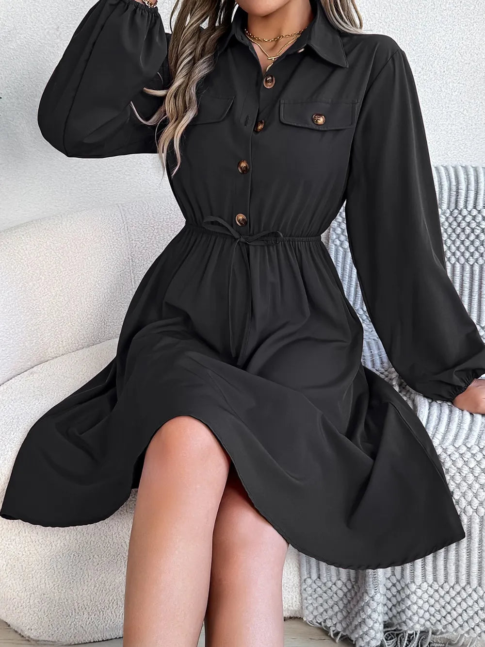 Collared Neck Long Sleeve Dress with Pockets - Blushé Belle