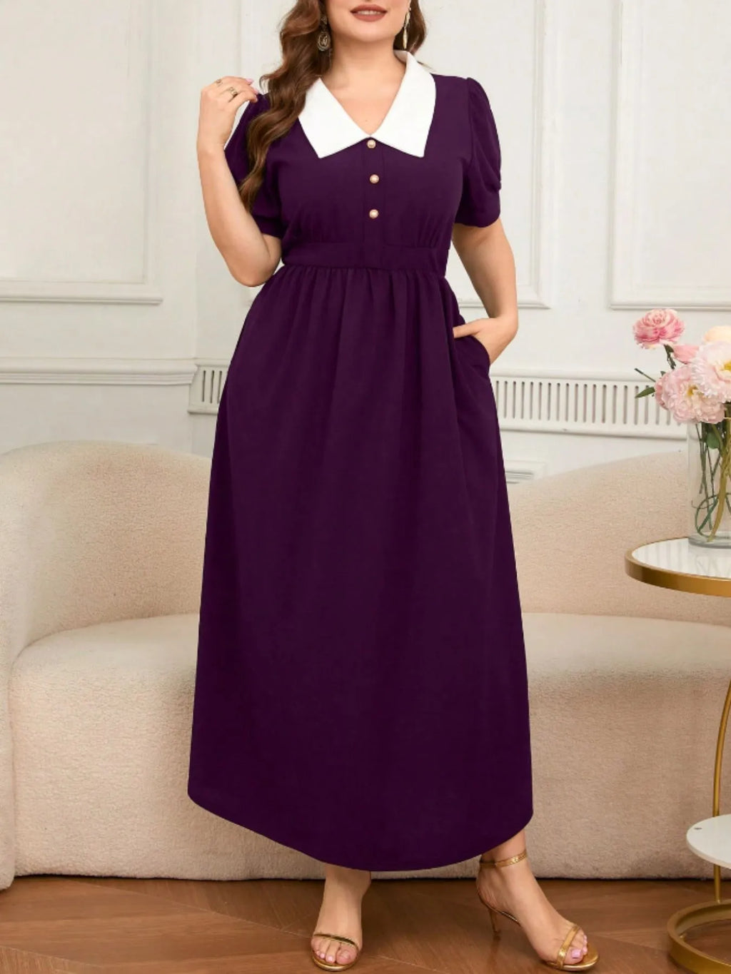 Plus Size Contrast Collar Short Sleeve Dress - Blushé Belle
