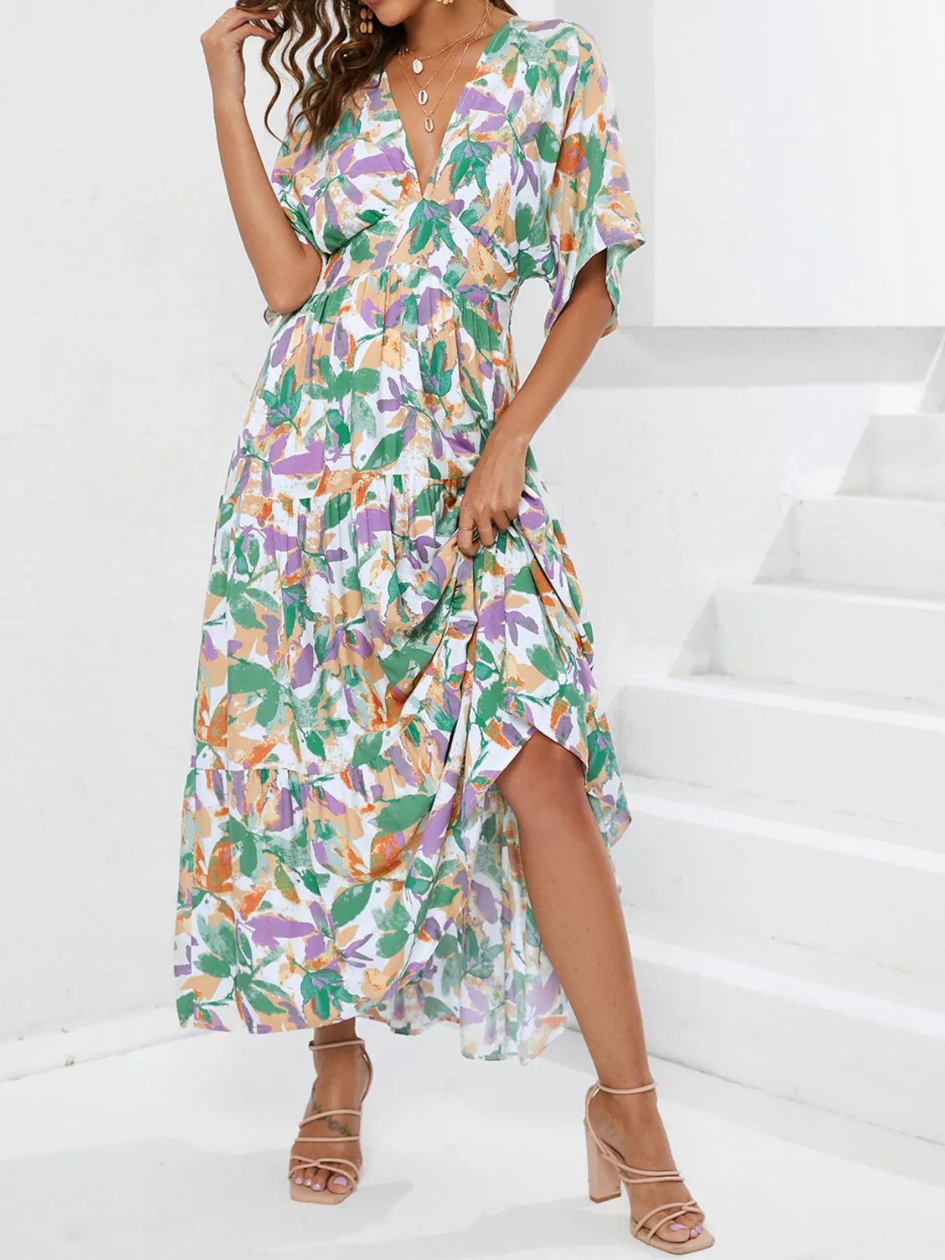 Floral Print V-neck Boho Midi Dress - Blushé Belle