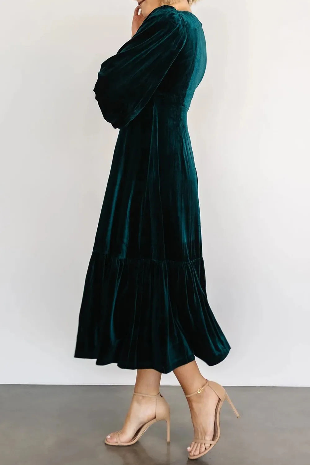 V-Neck Long Sleeve Midi Velvet Dress - Blushé Belle