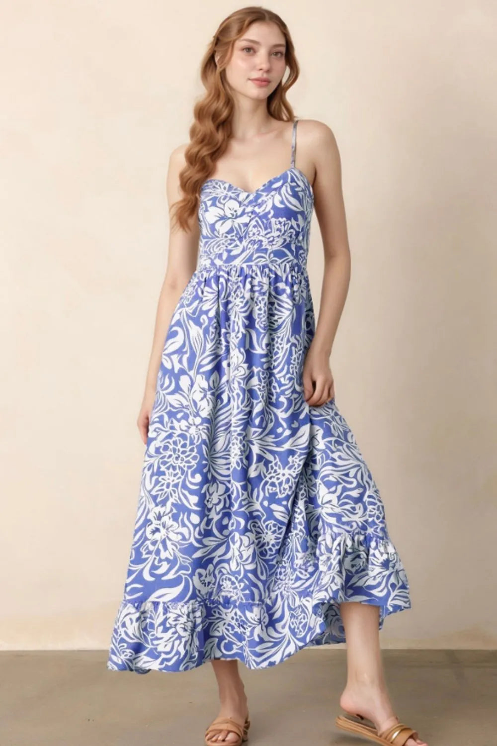 Floral Print Spaghetti Strap High Waist Dress - Blushé Belle