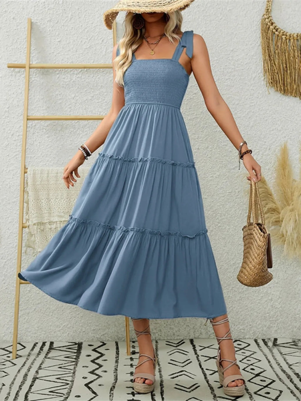 Smocked Tiered Midi Dress with Tie Straps - Blushé Belle
