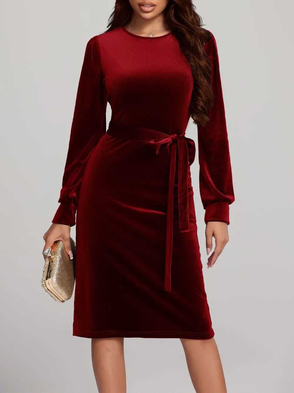 Round Neck Tie Waist Long Sleeve Velvet Dress - Blushé Belle
