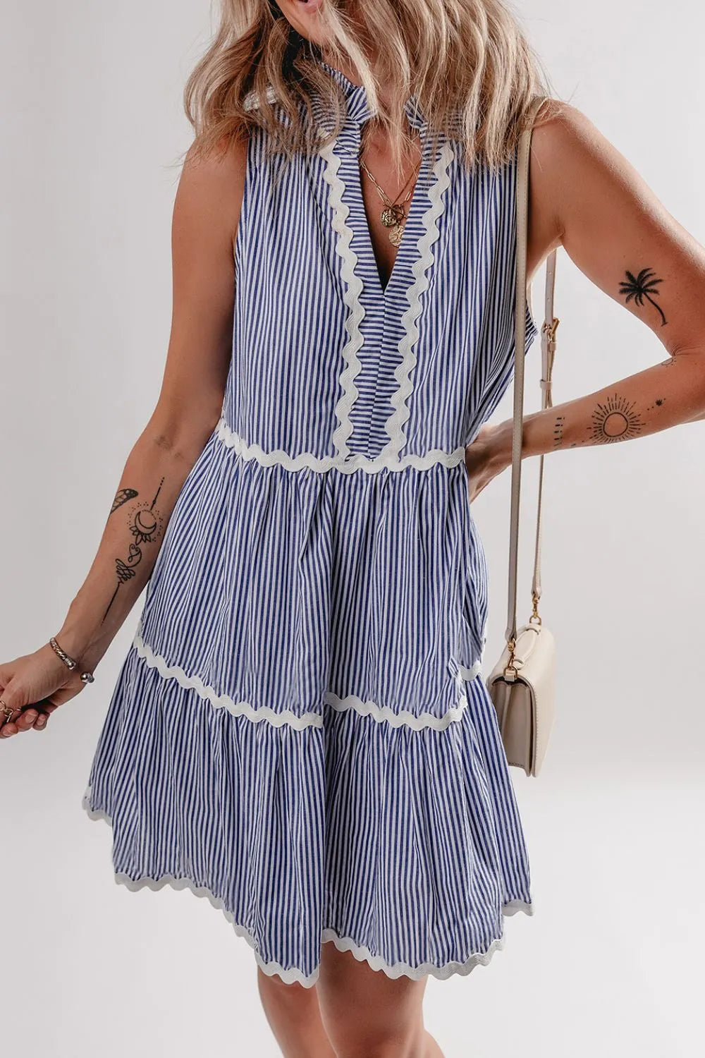 Stripe Sleeveless Notched Ric Rac Mini Dress - Blushé Belle