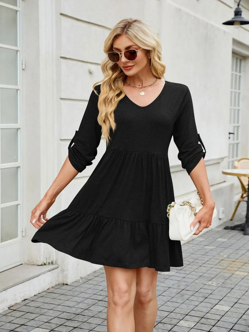 Tiered Ruched V-Neck Mini Dress - Blushé Belle